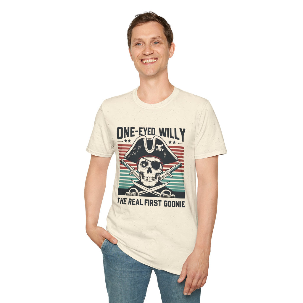 One-Eyed Willy Skull T-Shirt — Vintage Pirate 'The Real First Goonie' Tee