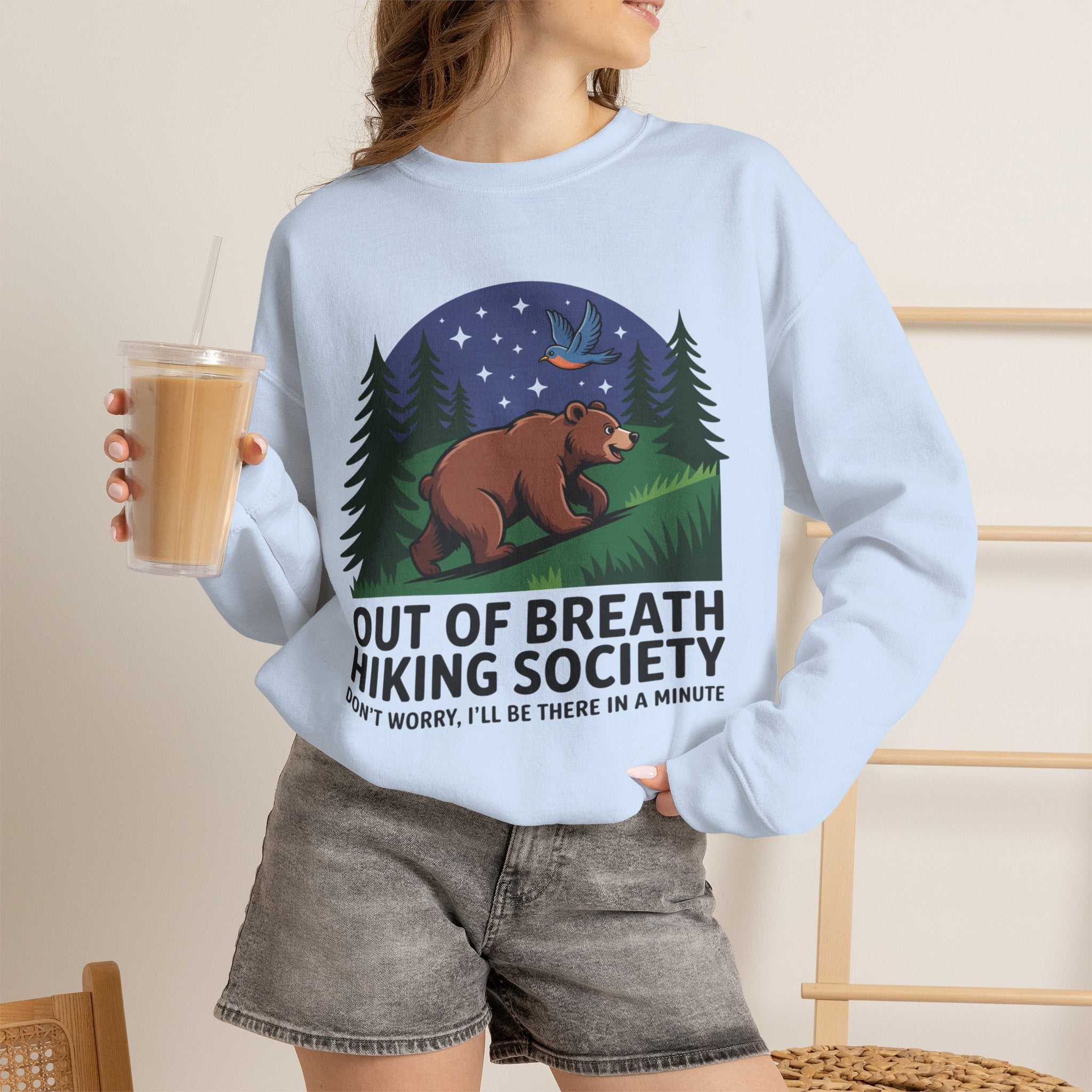 Out of Breath Hiking Society Crewneck Sweatshirt — Funny Bear Camping Graphic
