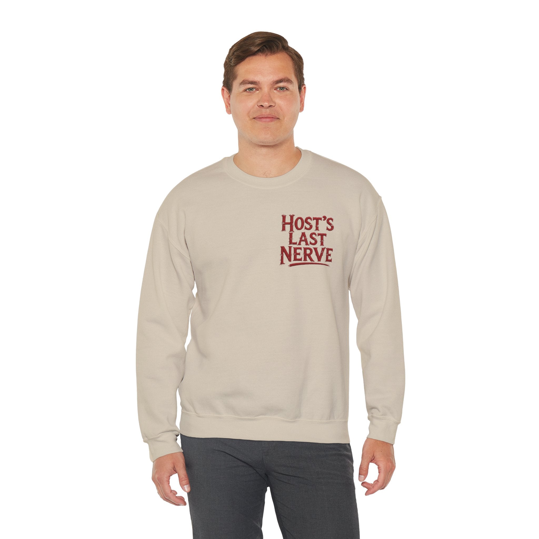 Funny Thanksgiving Host Crewneck Sweatshirt — Host's Last Nerve Merlot Spill Turkey Humor Gift Pullover