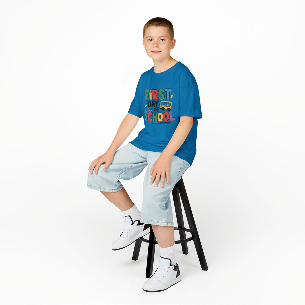 First Day of School Kids T-Shirt — Colorful Back-to-School Tee with School Bus Design