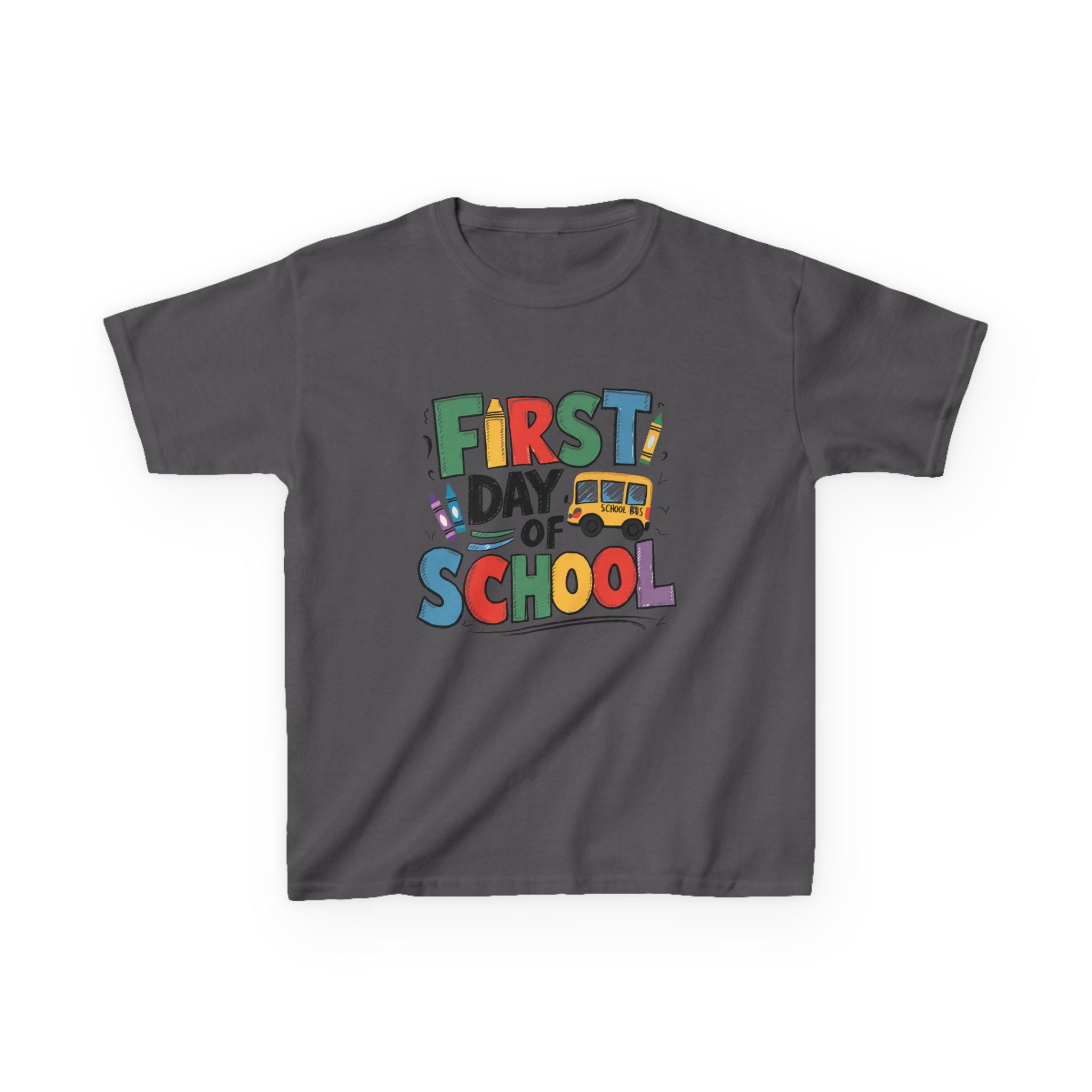 First Day of School Kids T-Shirt — Colorful Back-to-School Tee with School Bus Design
