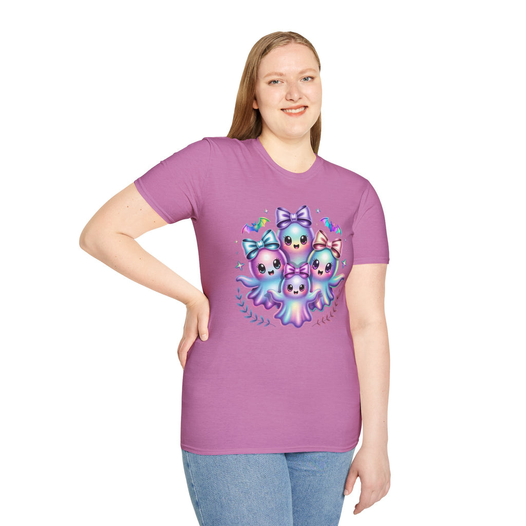 Cute Pastel Ghosts T-Shirt — Kawaii Iridescent Ghost Trio with Bows