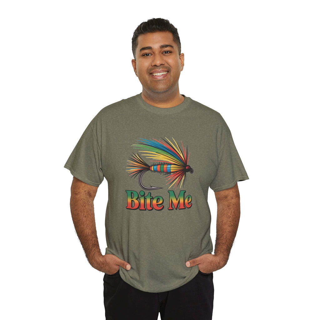 Fishing T-Shirt — Colorful Fly Design with "Bite Me" Text