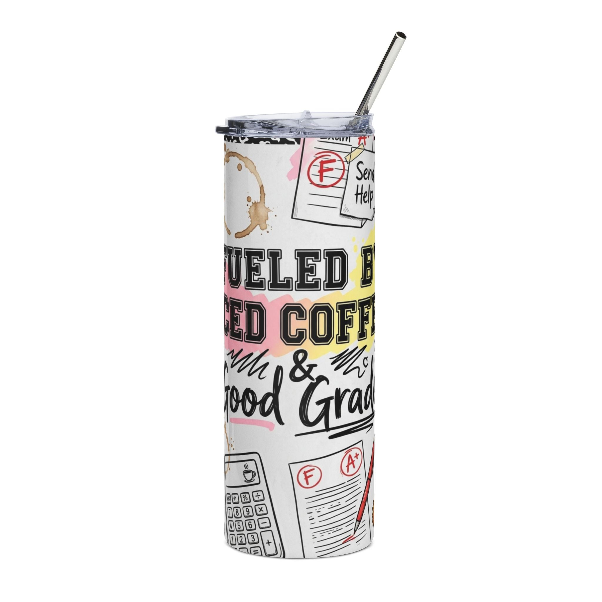 Funny Student 20oz Stainless Steel Tumbler — Fueled By Iced Coffee Exams & Good Grades Gift Travel Cup
