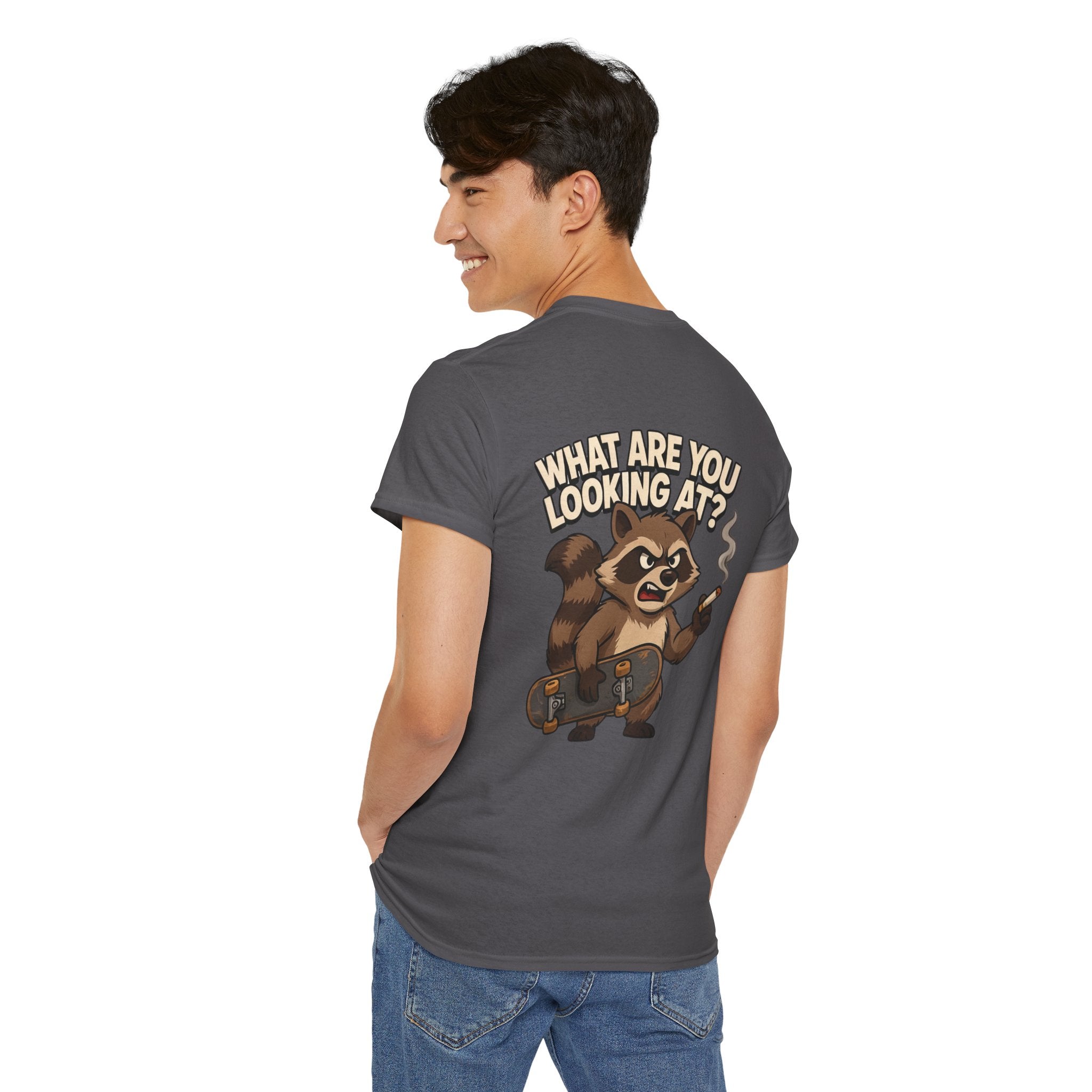 Graphic Tee — "What Are You Looking At?" Raccoon Illustration T-Shirt