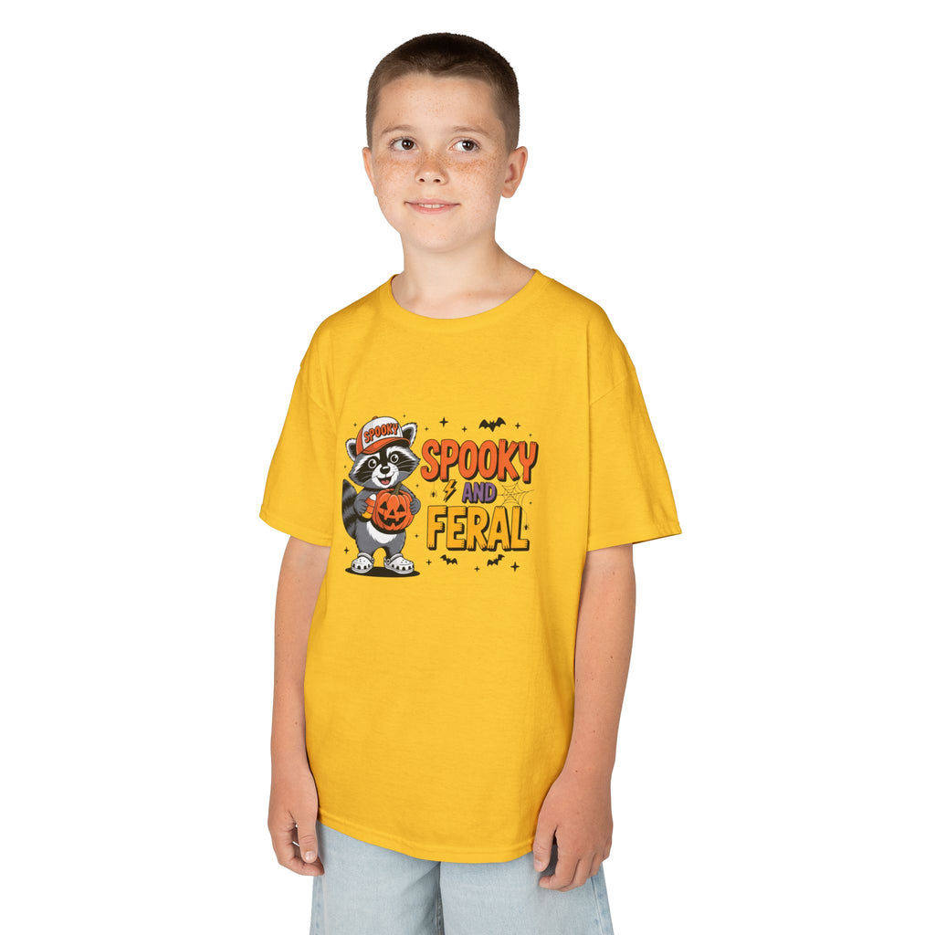 Kids Tee — "Spooky and Feral" Halloween Raccoon Pumpkin Shirt