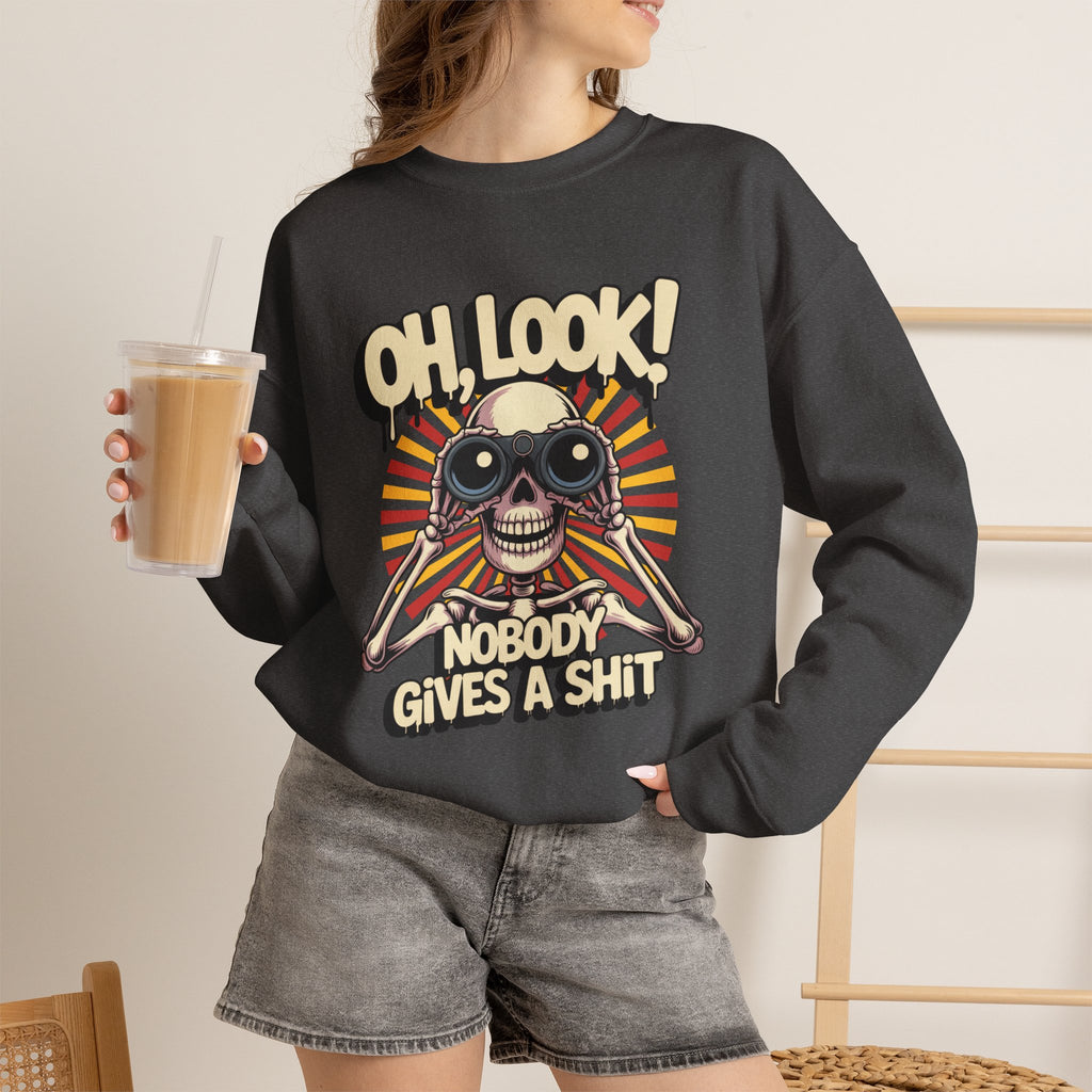 Crewneck Sweatshirt — 'Oh, Look! Nobody Gives a Shit' Skull Binoculars Graphic