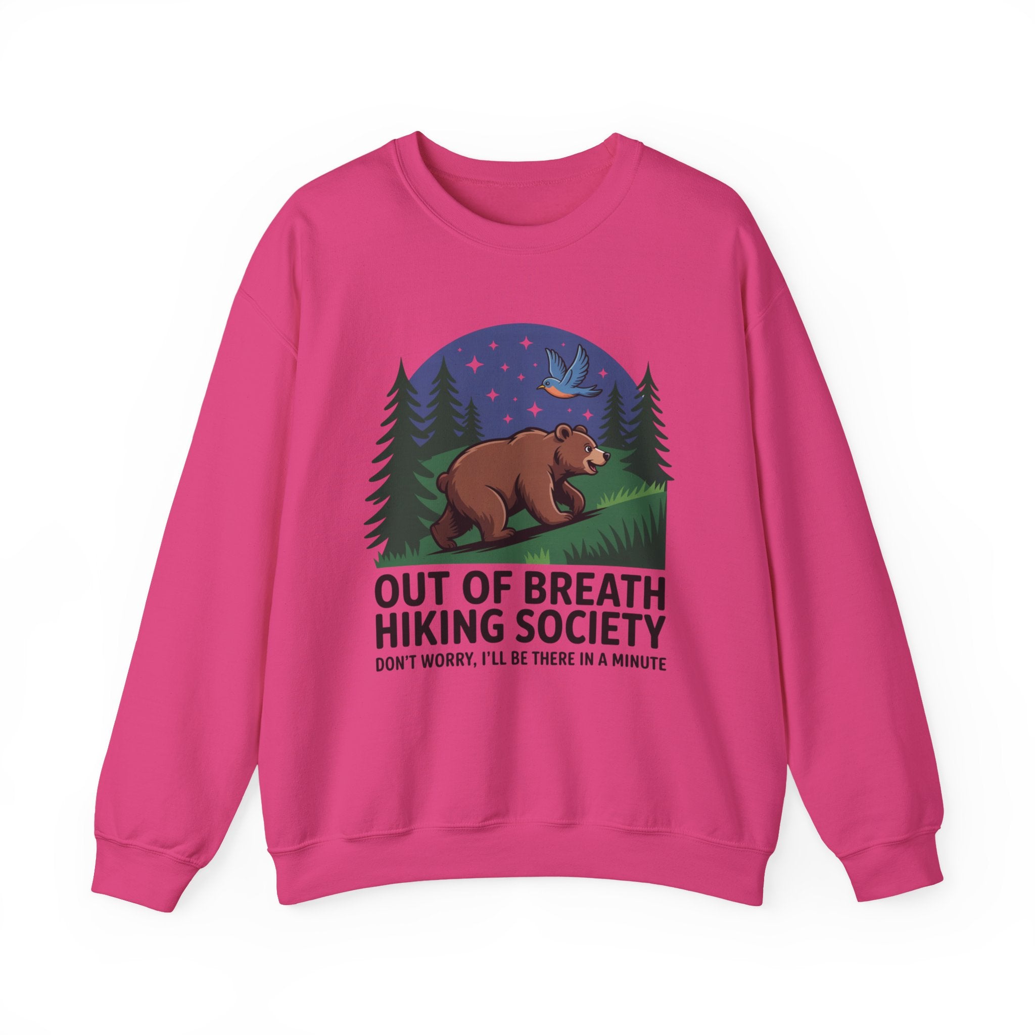 Out of Breath Hiking Society Crewneck Sweatshirt — Funny Bear Camping Graphic