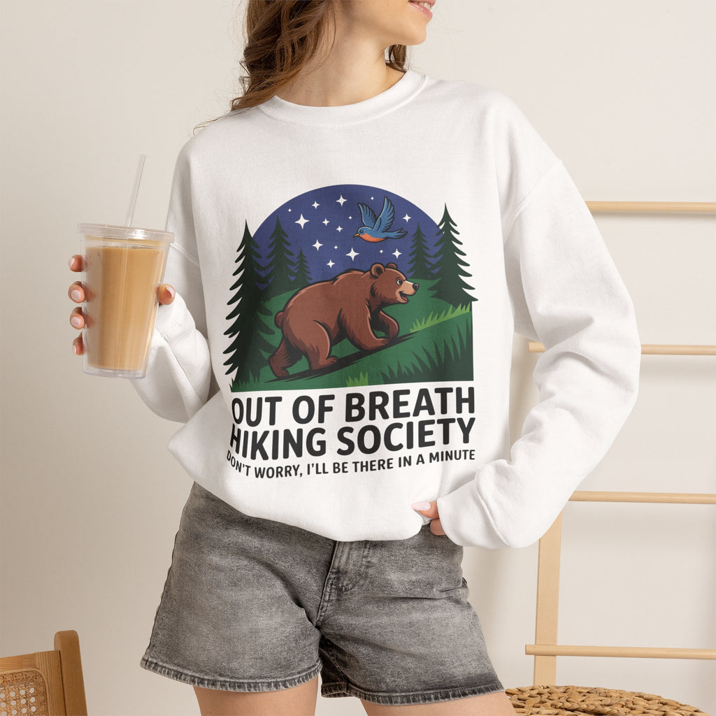 Out of Breath Hiking Society Crewneck Sweatshirt — Funny Bear Camping Graphic