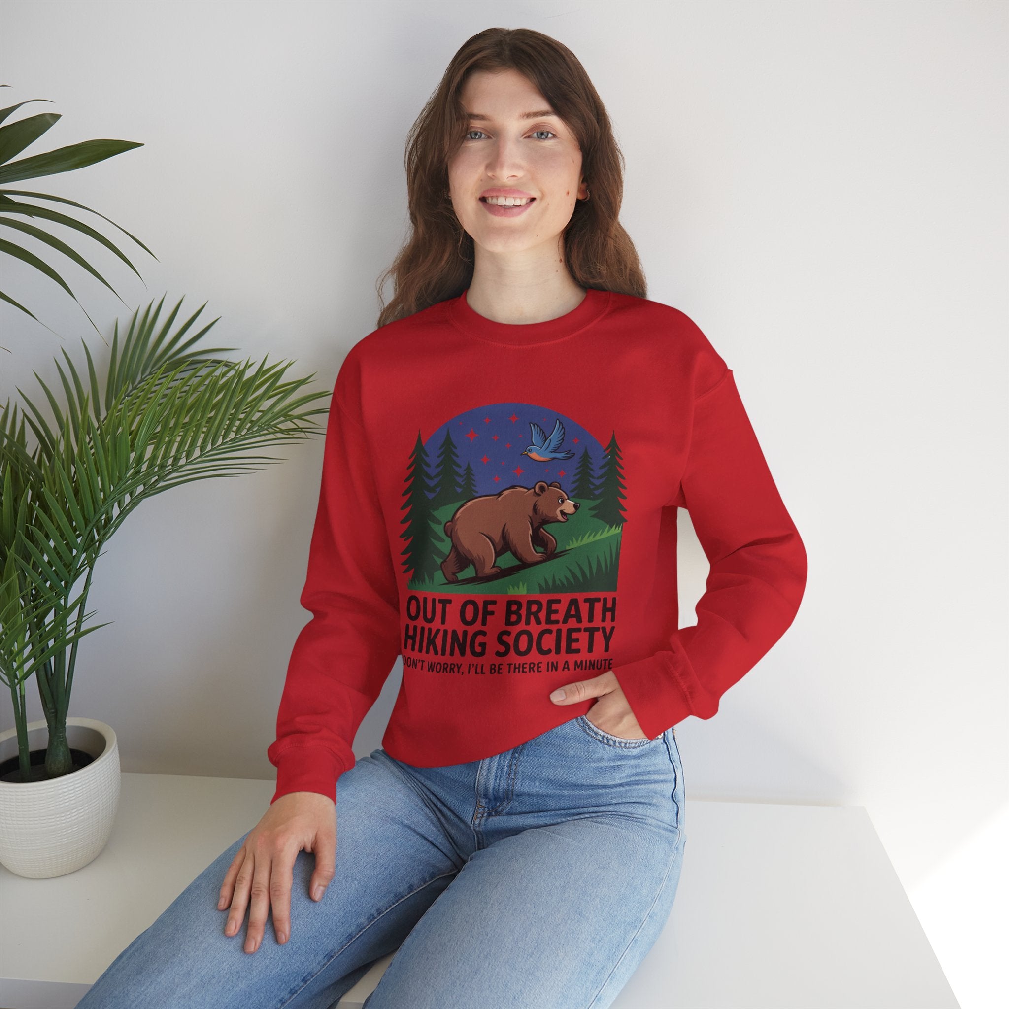 Out of Breath Hiking Society Crewneck Sweatshirt — Funny Bear Camping Graphic