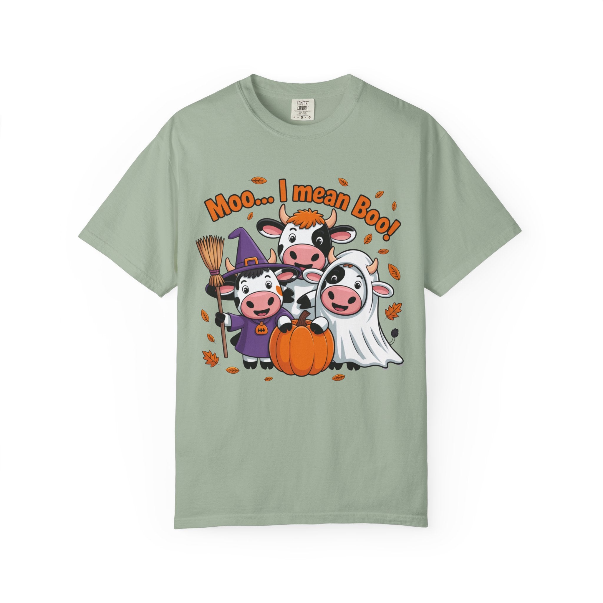 Halloween Cow T-Shirt – “Moo... I mean Boo!” Cute Pumpkin & Witch Cows Graphic Tee