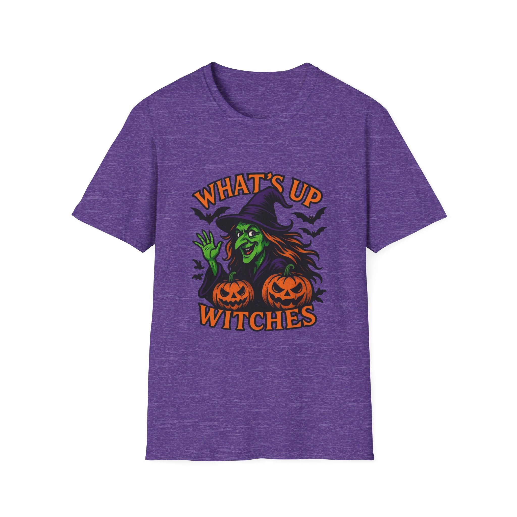 A heather purple short-sleeve t-shirt with a Halloween graphic on the front showing a green witch, orange pumpkins, and the text 'WHAT'S UP WITCHES' in orange.