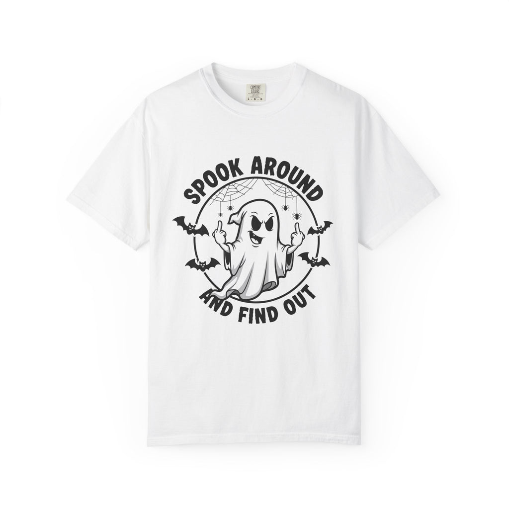 A white short-sleeve crewneck t-shirt featuring a black graphic of a cartoon ghost surrounded by bats and the text 'SPOOK AROUND AND FIND OUT'.