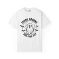 A white short-sleeve crewneck t-shirt featuring a black graphic of a cartoon ghost surrounded by bats and the text 'SPOOK AROUND AND FIND OUT'.