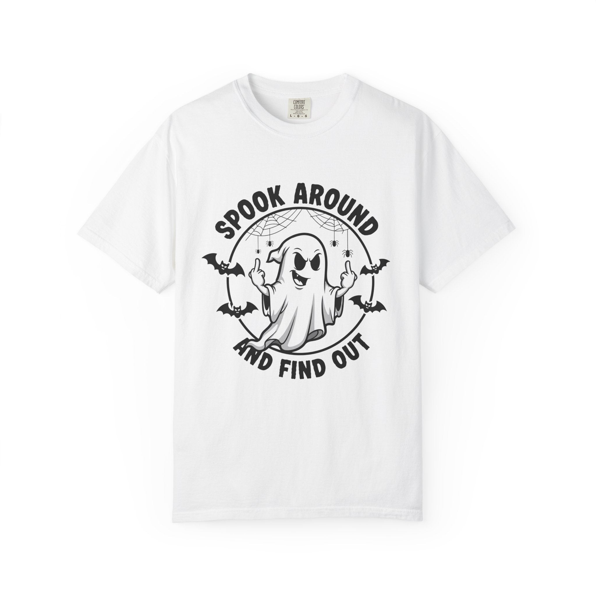 A white short-sleeve crewneck t-shirt featuring a black graphic of a cartoon ghost surrounded by bats and the text 'SPOOK AROUND AND FIND OUT'.