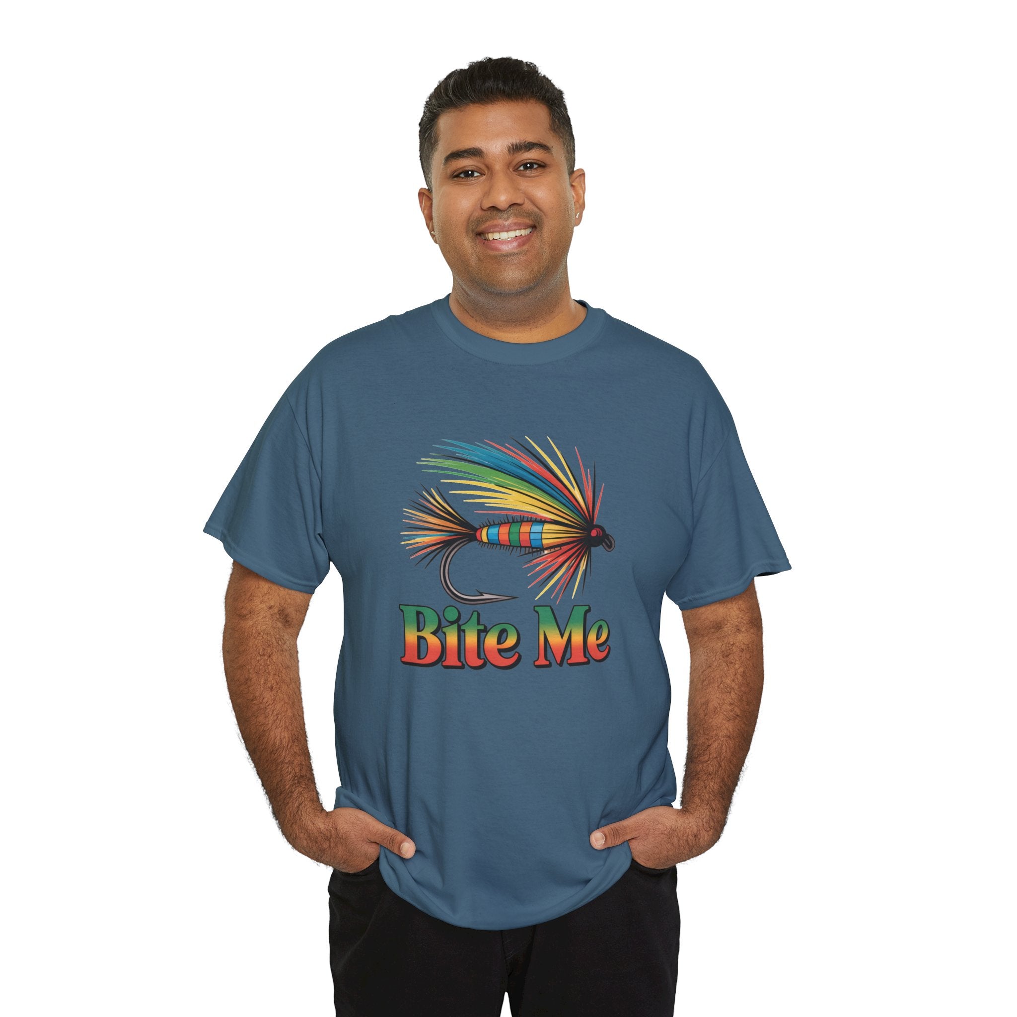 Fishing T-Shirt — Colorful Fly Design with "Bite Me" Text