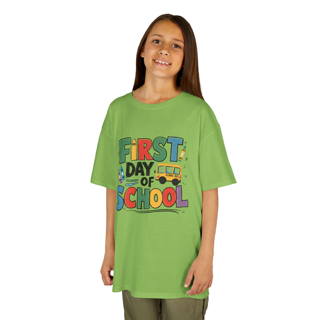 First Day of School Kids T-Shirt — Colorful Back-to-School Tee with School Bus Design