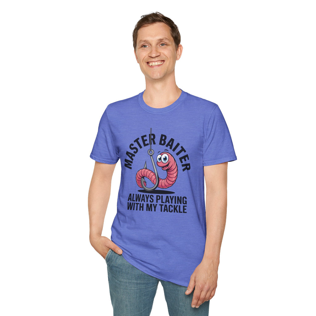 Master Baiter Fishing T-Shirt — Funny Worm Hook Tee ("Always Playing With My Tackle")
