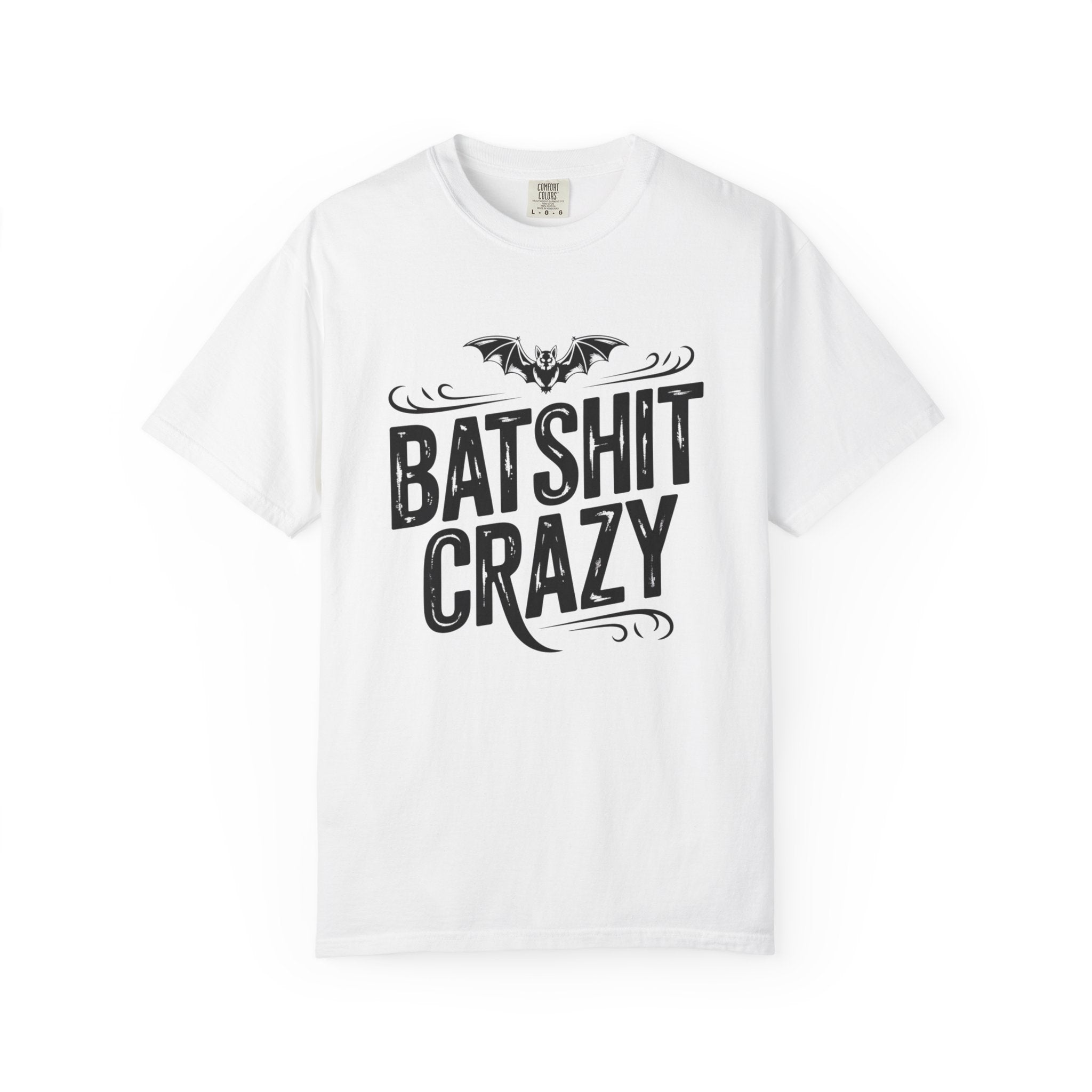 A white short-sleeve crewneck t-shirt featuring a black graphic print on the front with a bat illustration and the text 'BATSHIT CRAZY' in a stylized font.