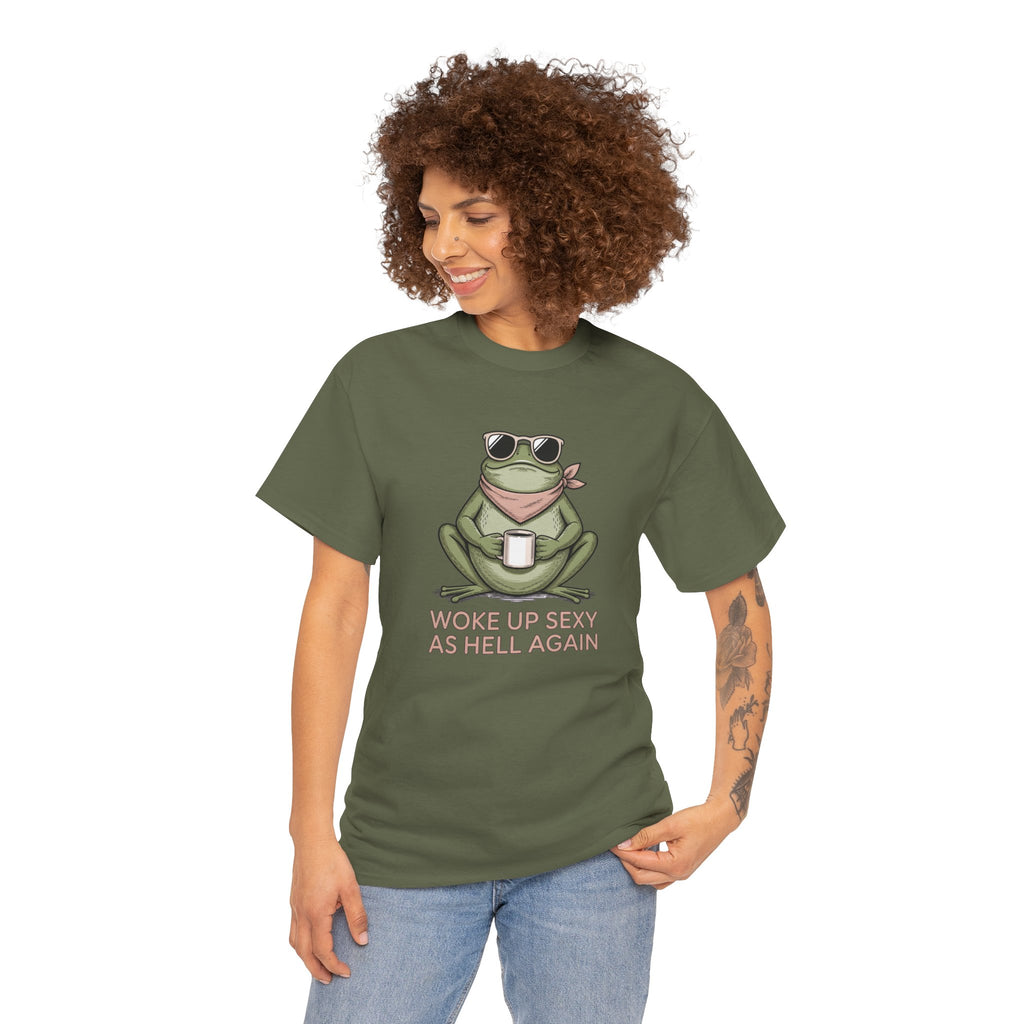 Frog Mug Graphic Tee — "Woke Up Sexy As Hell Again" Cotton T-Shirt