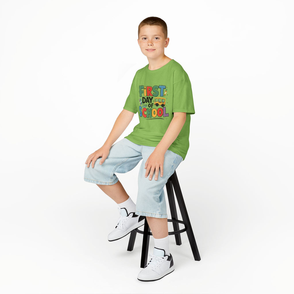 First Day of School Kids T-Shirt — Colorful Back-to-School Tee with School Bus Design