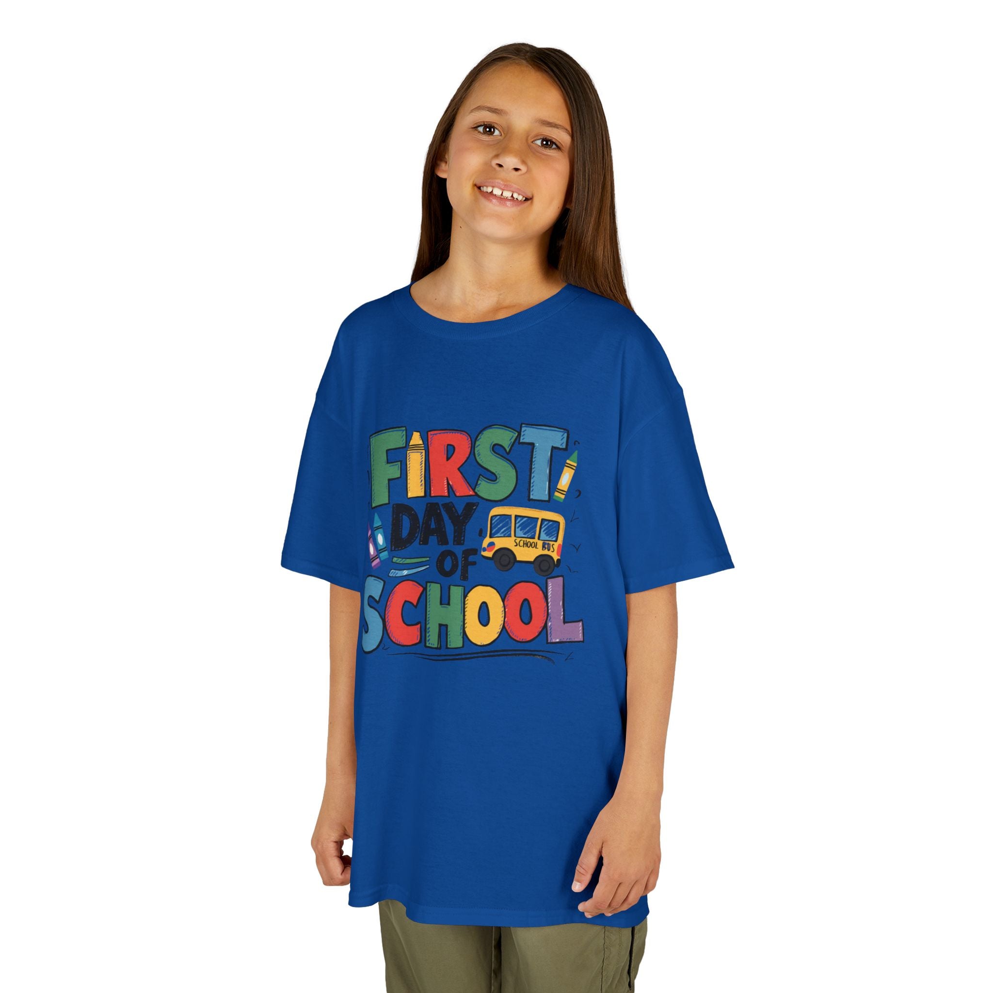 First Day of School Kids T-Shirt — Colorful Back-to-School Tee with School Bus Design