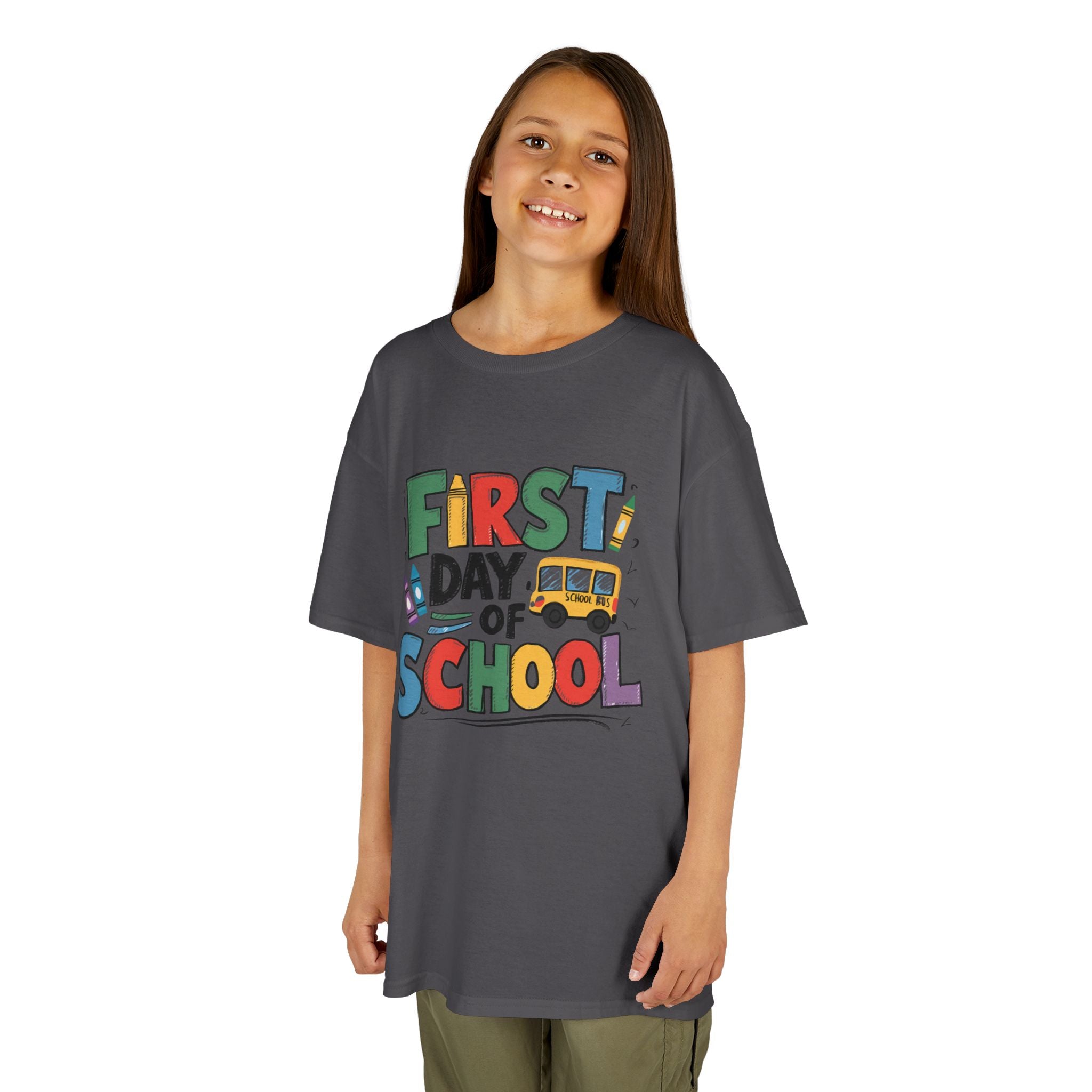 First Day of School Kids T-Shirt — Colorful Back-to-School Tee with School Bus Design