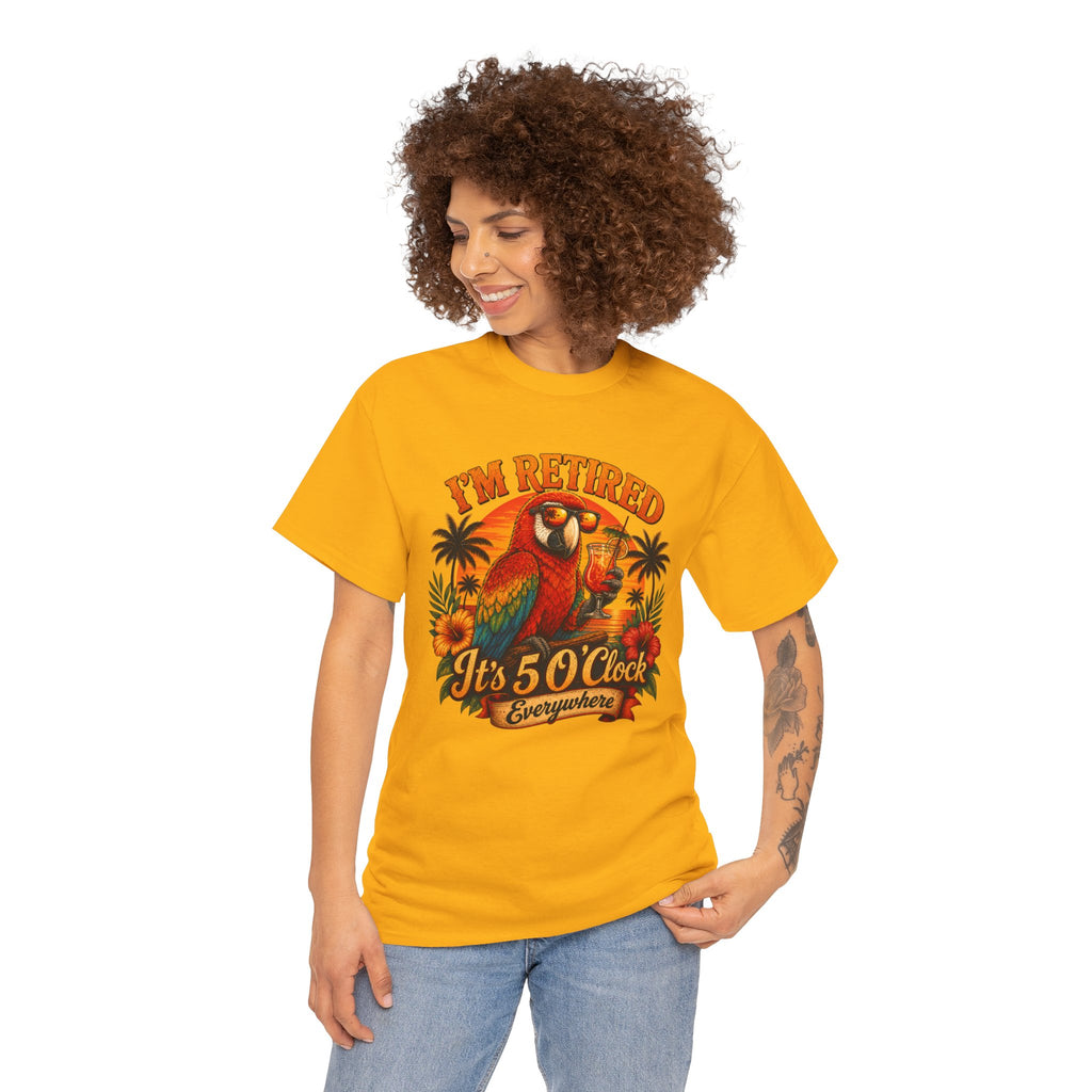 Funny Retirement T-Shirt — It's 5 O'Clock Everywhere Parrot Gift Tee for Retirees