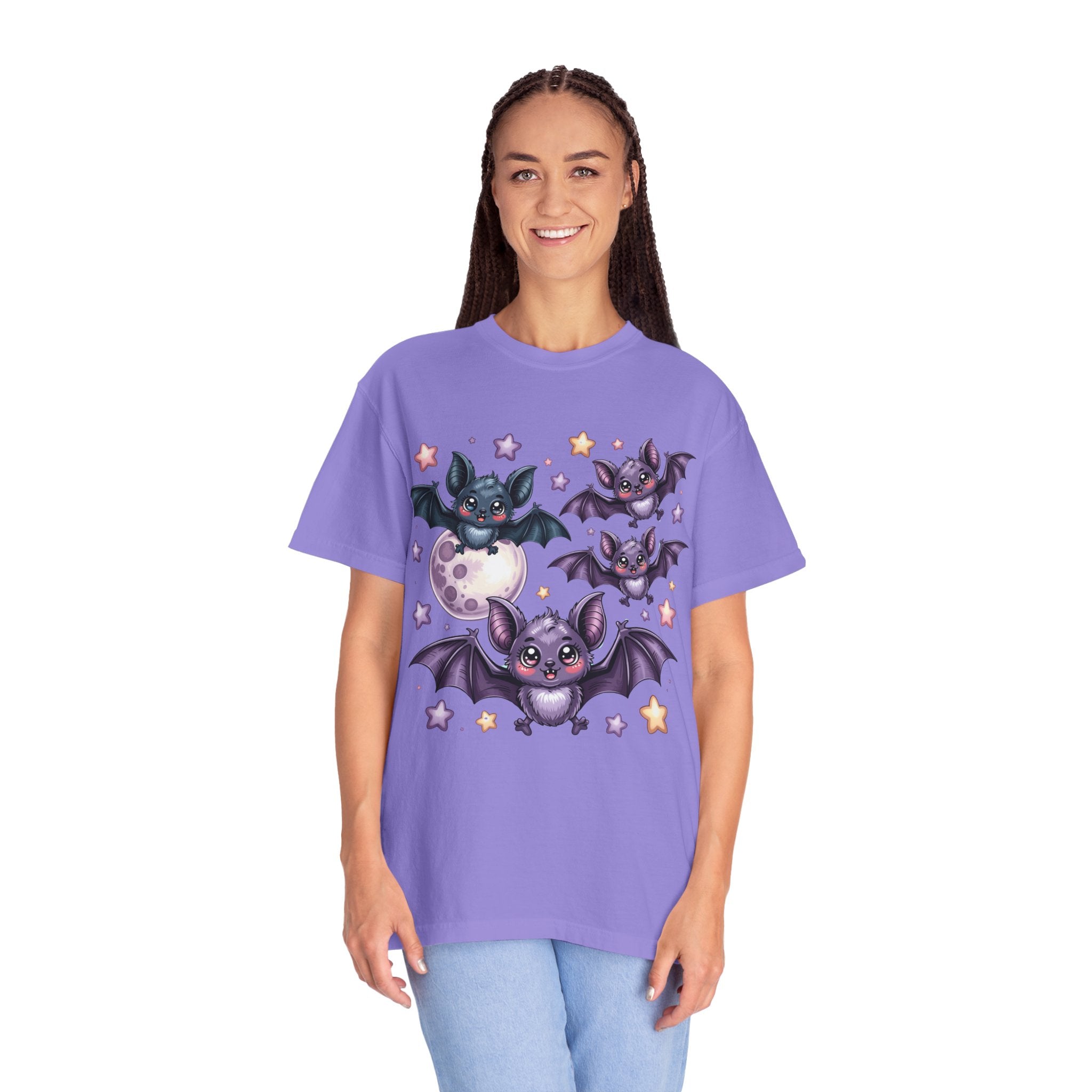 Cute Purple Bats T-Shirt — Kawaii Night Moon & Stars Tee