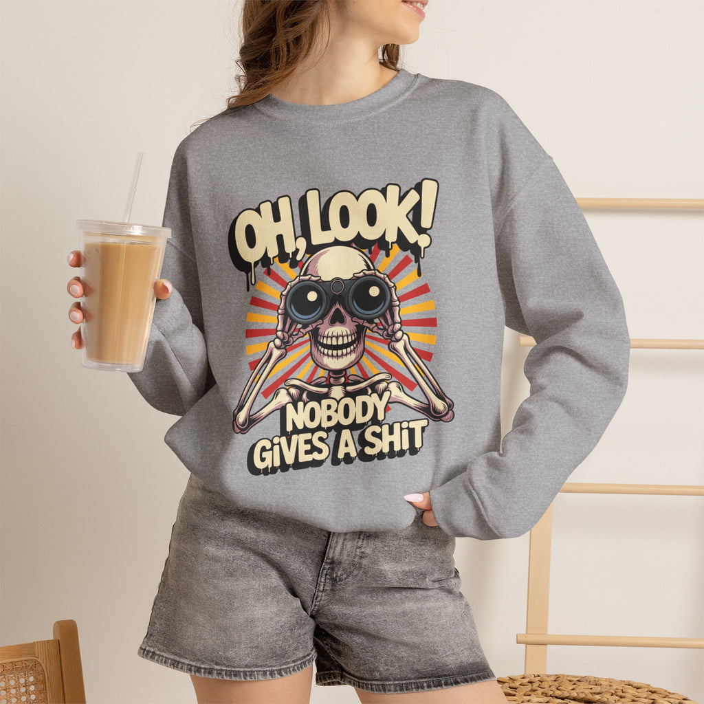 Crewneck Sweatshirt — 'Oh, Look! Nobody Gives a Shit' Skull Binoculars Graphic
