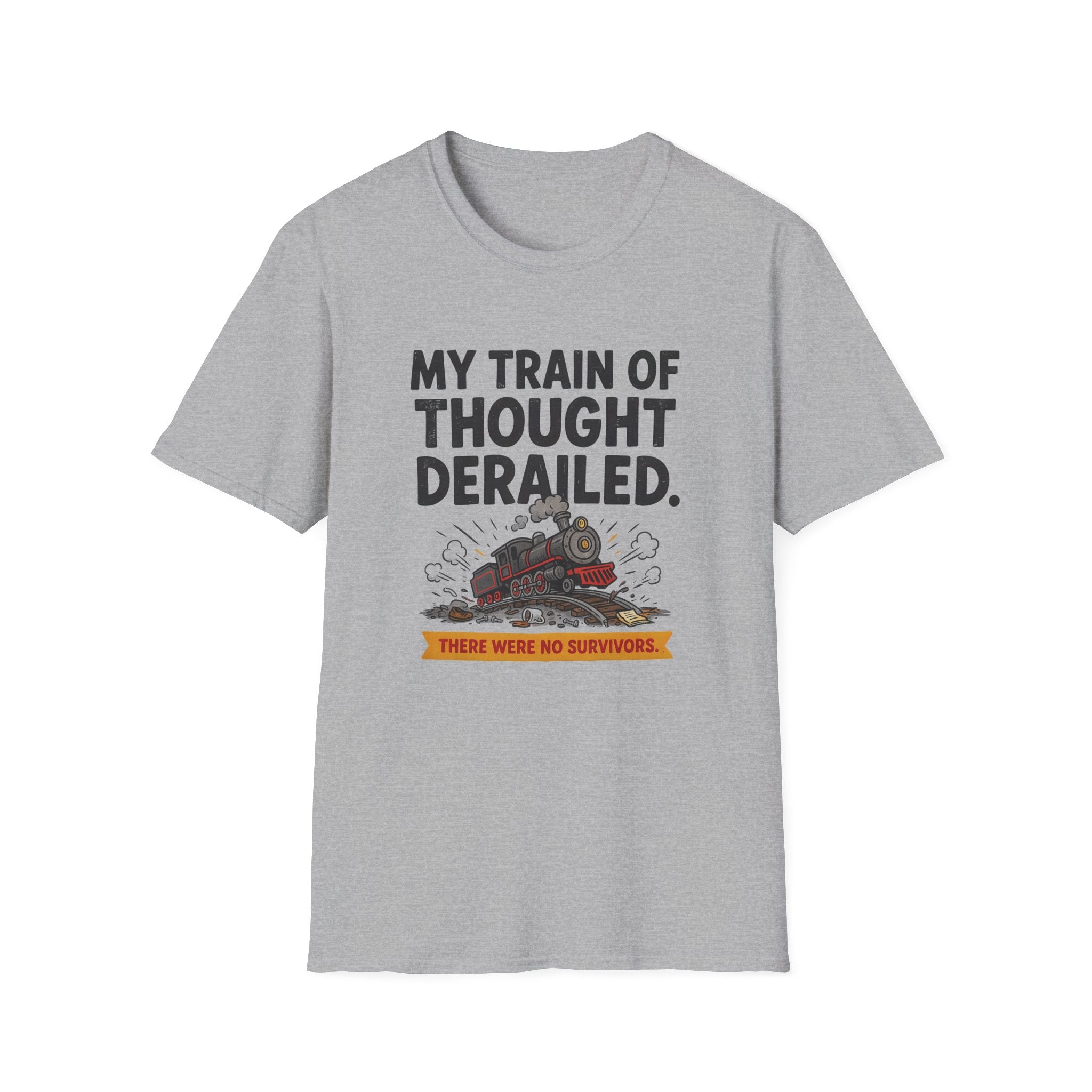 A light gray short-sleeve crewneck t-shirt featuring a graphic print of a steam train derailment with the text 'MY TRAIN OF THOUGHT DERAILED.' and 'THERE WERE NO SURVIVORS.