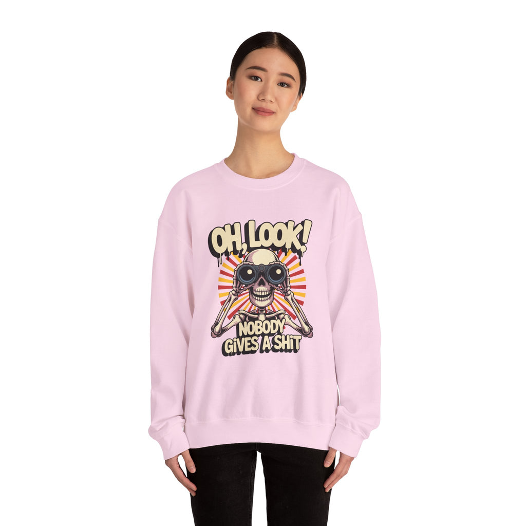 Crewneck Sweatshirt — 'Oh, Look! Nobody Gives a Shit' Skull Binoculars Graphic