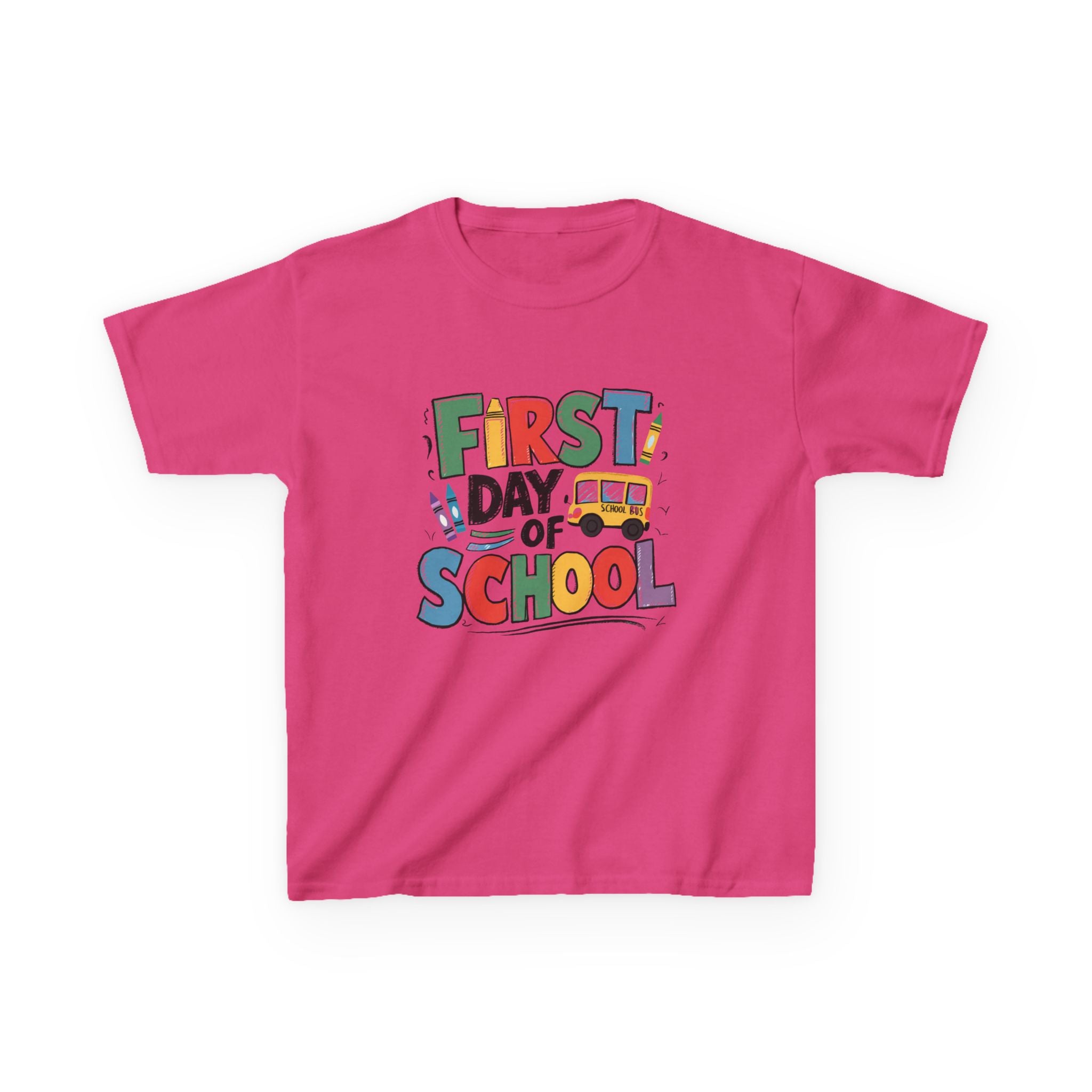 First Day of School Kids T-Shirt — Colorful Back-to-School Tee with School Bus Design