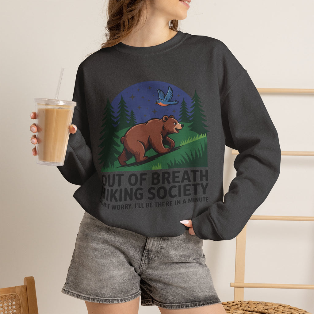 Out of Breath Hiking Society Crewneck Sweatshirt — Funny Bear Camping Graphic