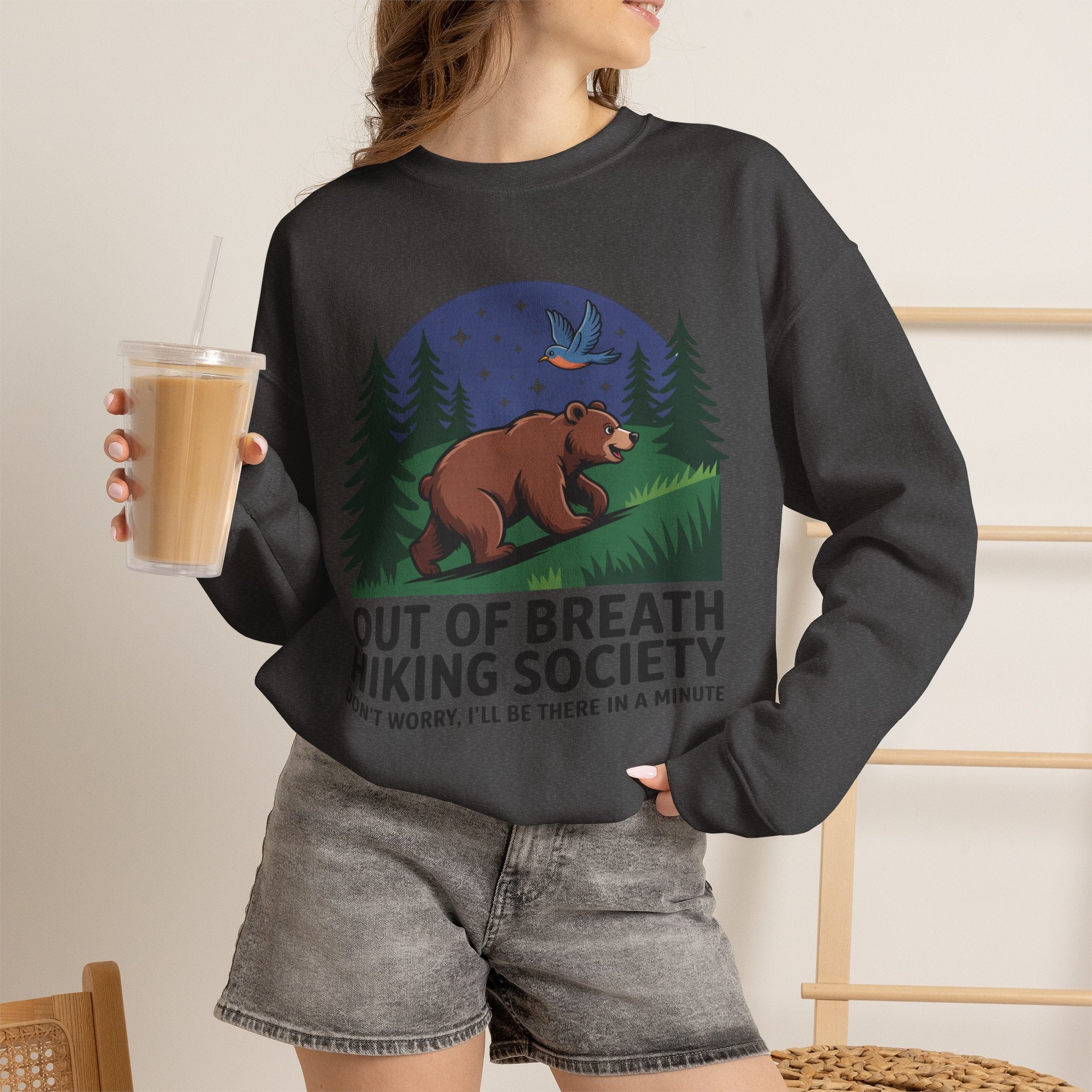 Out of Breath Hiking Society Crewneck Sweatshirt — Funny Bear Camping Graphic