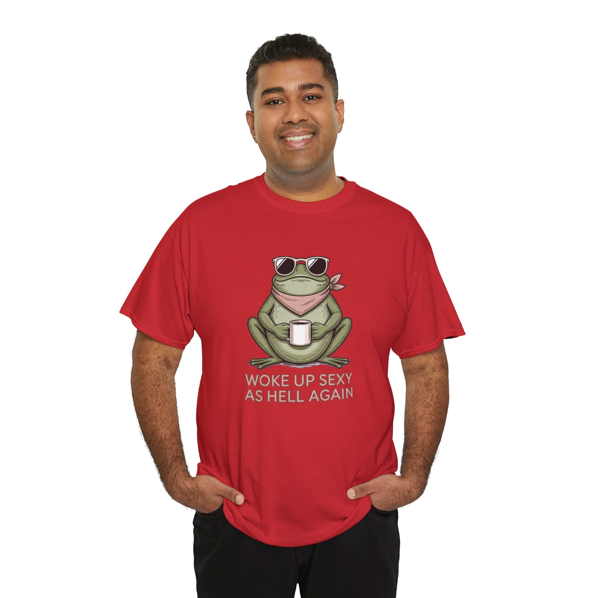 Frog Mug Graphic Tee — "Woke Up Sexy As Hell Again" Cotton T-Shirt