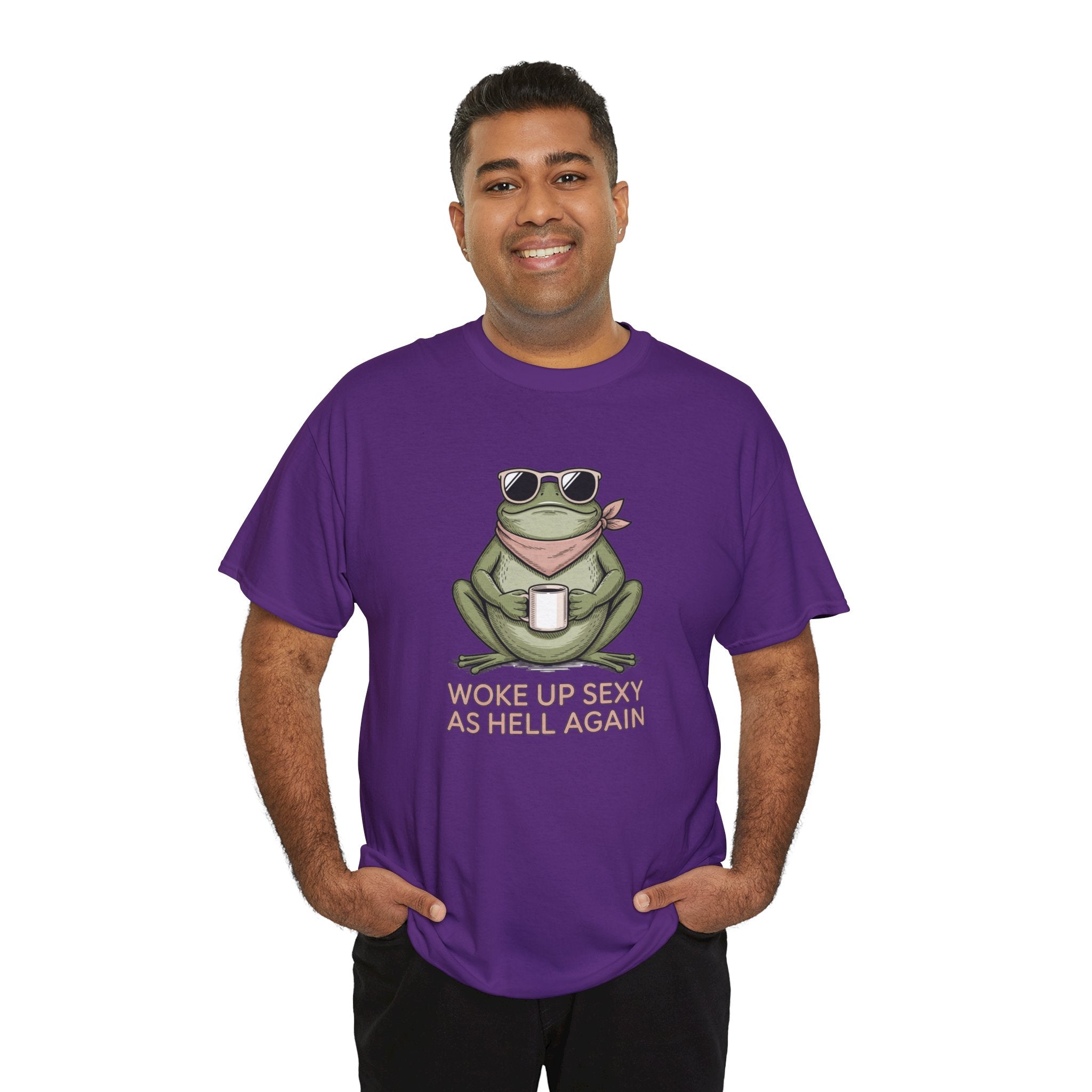 Frog Mug Graphic Tee — "Woke Up Sexy As Hell Again" Cotton T-Shirt