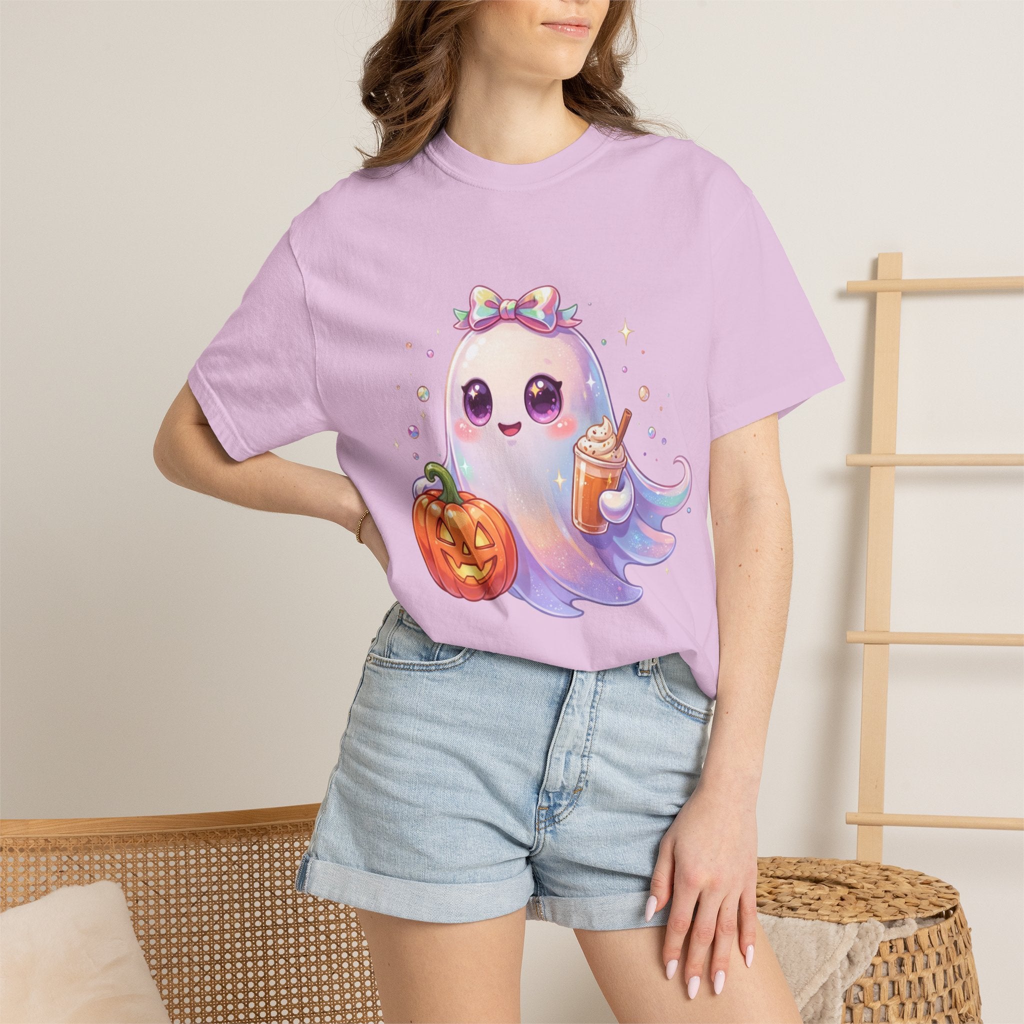 Cute Halloween Ghost T-Shirt — Kawaii Pumpkin & Candy Drink Graphic