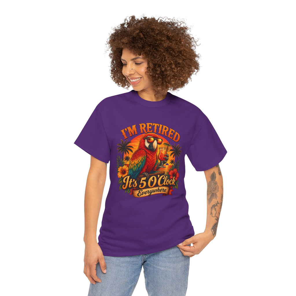 Funny Retirement T-Shirt — It's 5 O'Clock Everywhere Parrot Gift Tee for Retirees