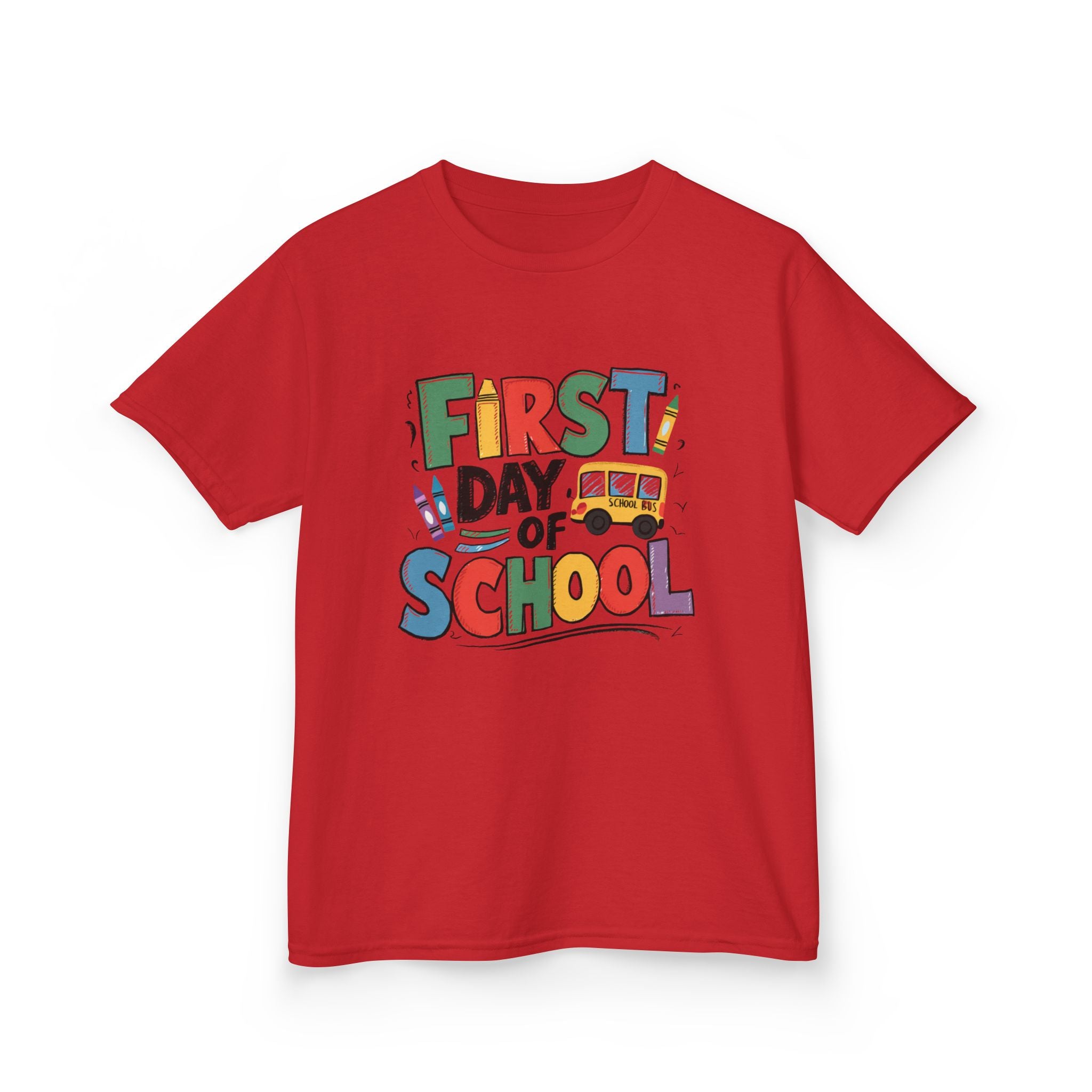 First Day of School Kids T-Shirt — Colorful Back-to-School Tee with School Bus Design