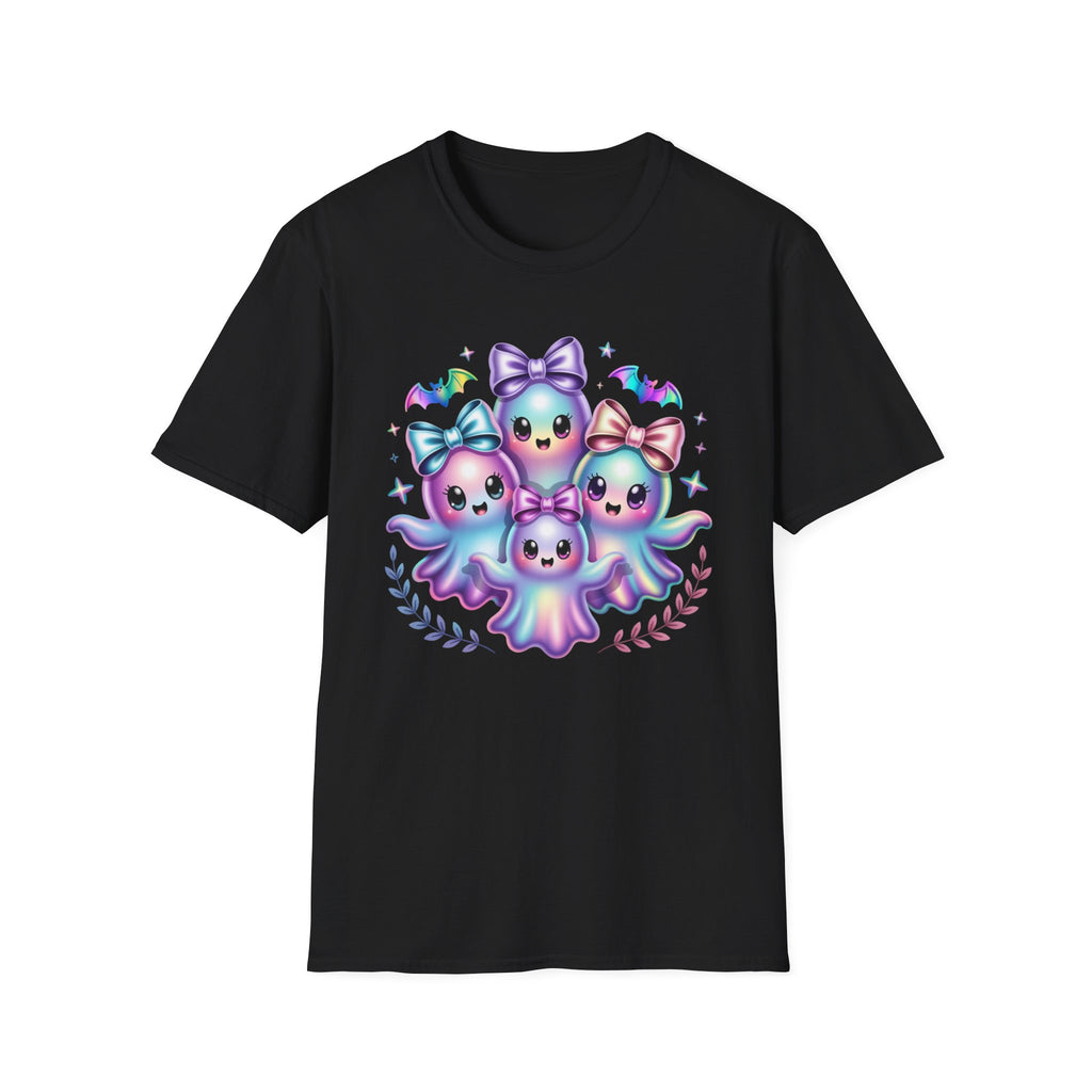 Cute Pastel Ghosts T-Shirt — Kawaii Iridescent Ghost Trio with Bows