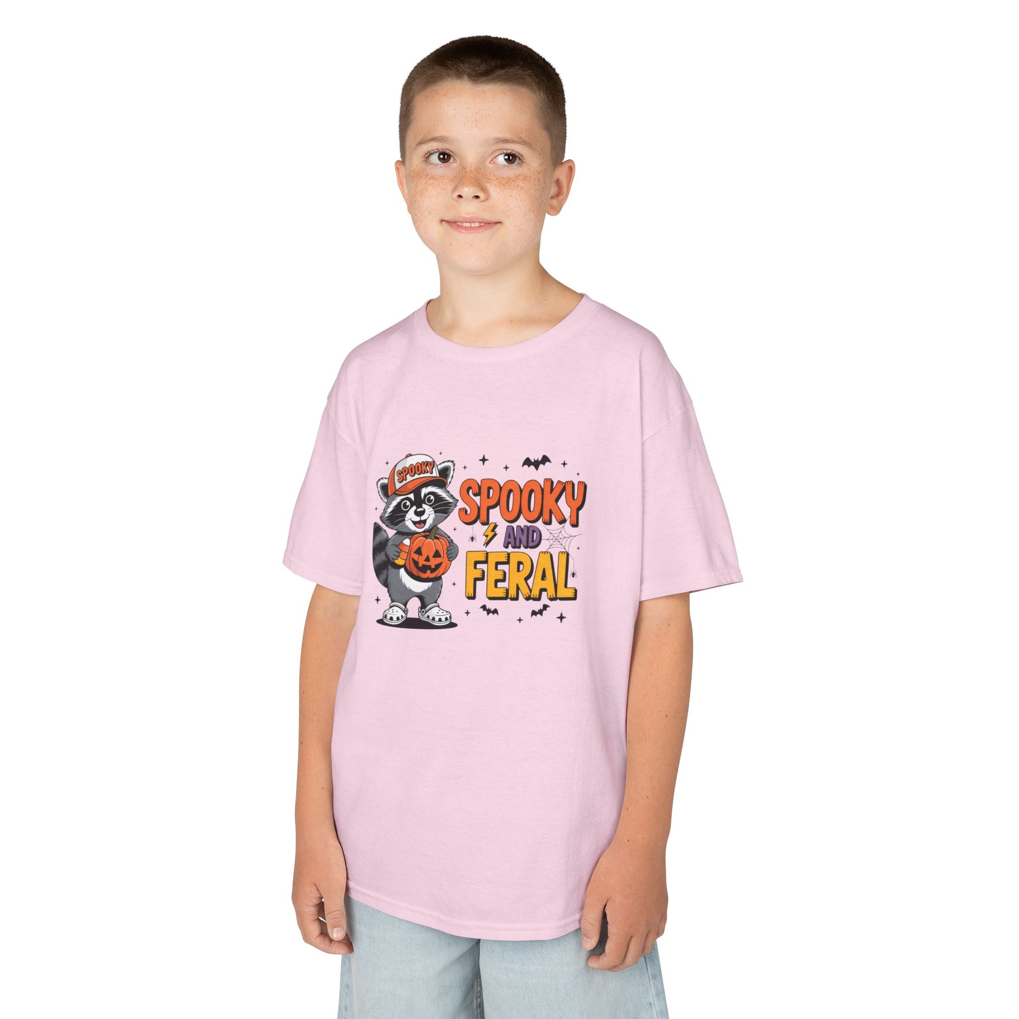 Kids Tee — "Spooky and Feral" Halloween Raccoon Pumpkin Shirt