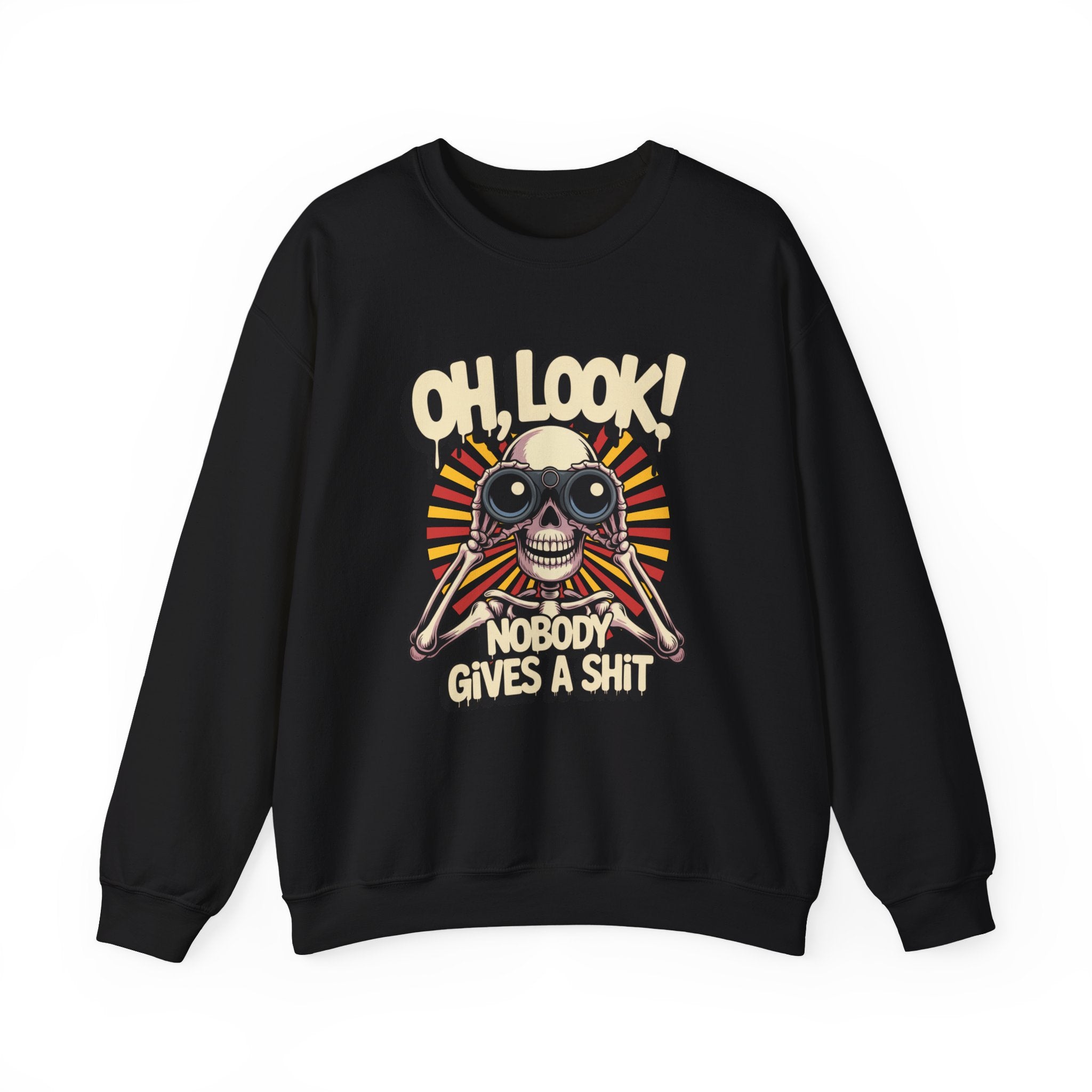 Crewneck Sweatshirt — 'Oh, Look! Nobody Gives a Shit' Skull Binoculars Graphic