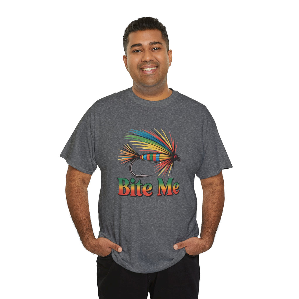 Fishing T-Shirt — Colorful Fly Design with "Bite Me" Text