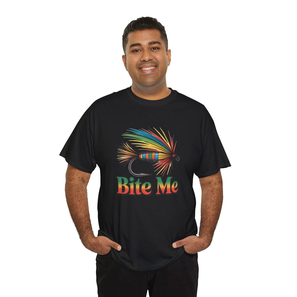 Fishing T-Shirt — Colorful Fly Design with "Bite Me" Text