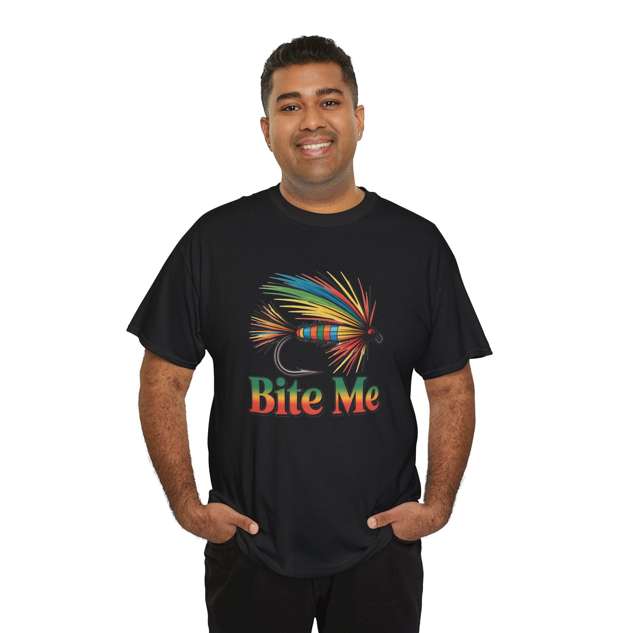 Fishing T-Shirt — Colorful Fly Design with "Bite Me" Text