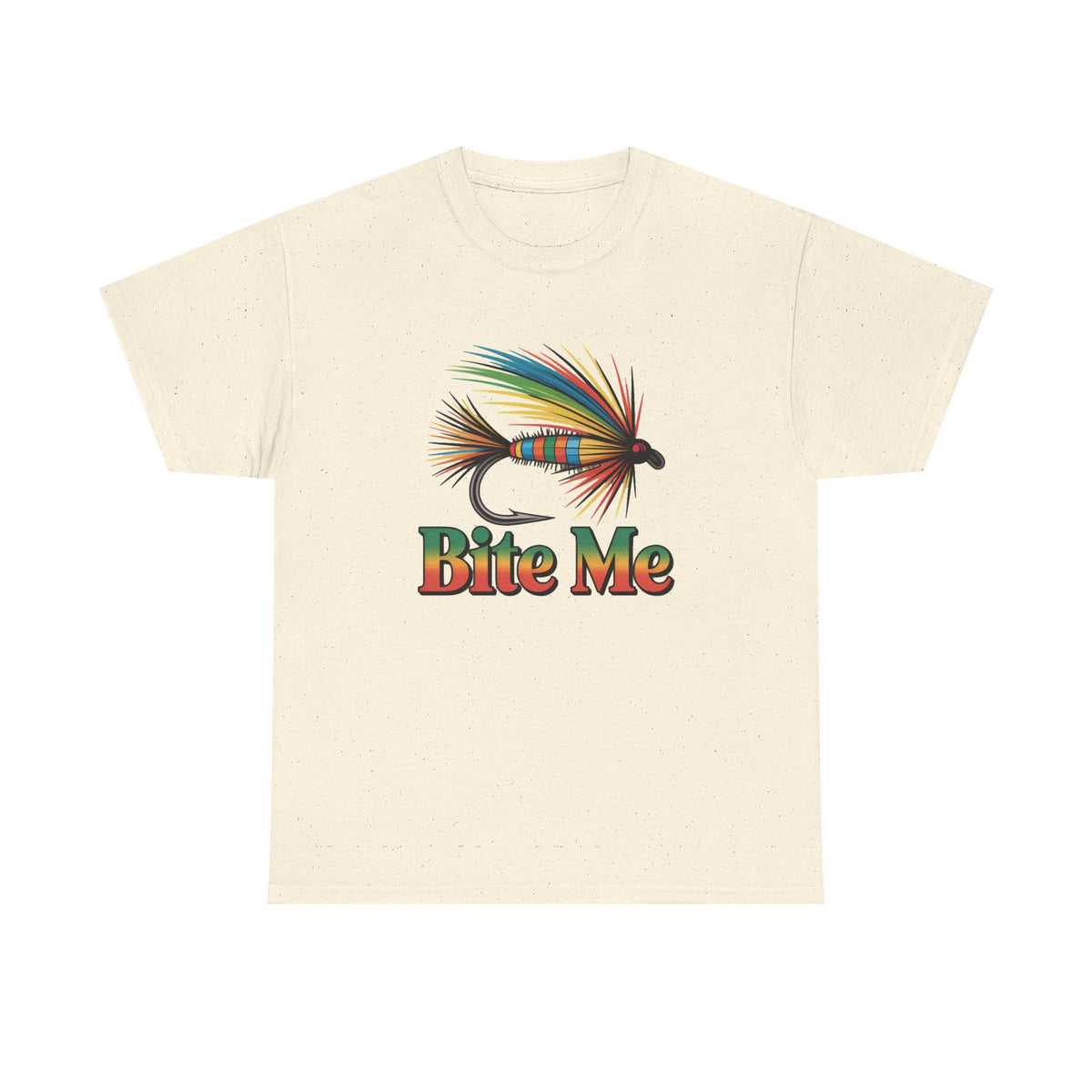 Fishing T-Shirt — Colorful Fly Design with "Bite Me" Text