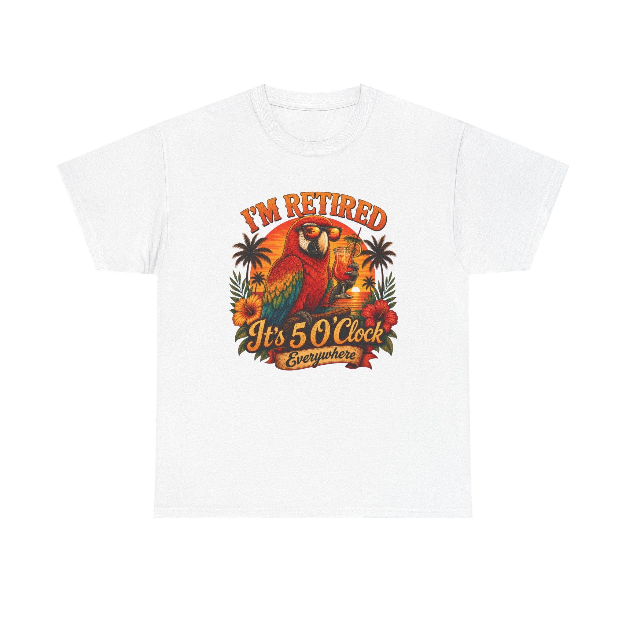 A white short-sleeve crewneck t-shirt featuring a colorful graphic on the chest with a parrot, palm trees, and the text 'I'M RETIRED It's 5 O'clock Everywhere'.