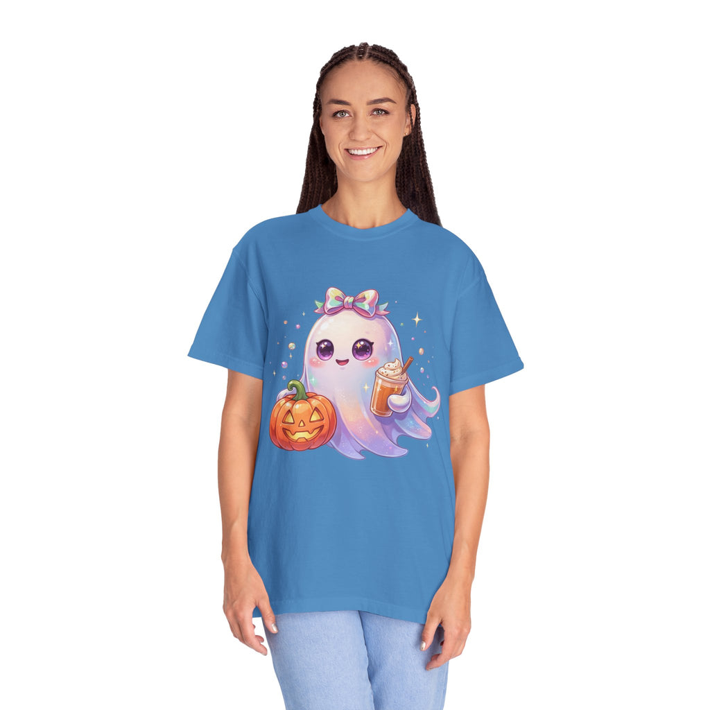 Cute Halloween Ghost T-Shirt — Kawaii Pumpkin & Candy Drink Graphic