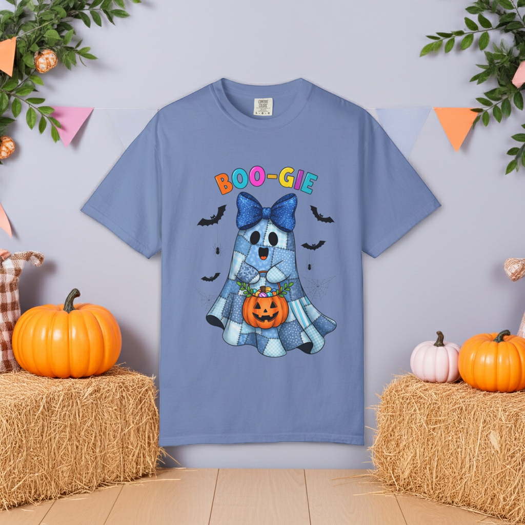 A light blue short-sleeve graphic t-shirt featuring a cute cartoon ghost holding a jack-o'-lantern with the text 'BOO-GIE' above it. The shirt is displayed in a styled Halloween setting with hay bales, pumpkins, and bunting.